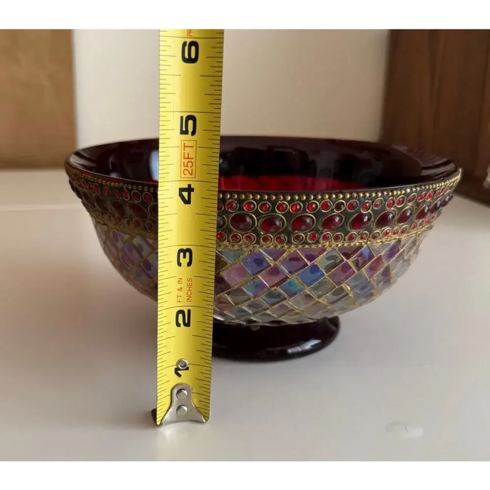VTG Z Gallerie Ruby Mosaic Pedestal Bowl Iridescent Glass Jeweled Centerpiece